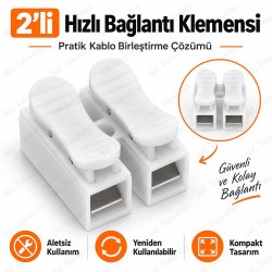 10 Adet 2'li Basmalı Hızlı Bağlantı Klemensi 0.5-2.5mm² Beyaz