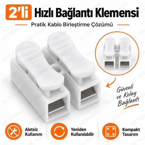 10 Adet 2'li Basmalı Hızlı Bağlantı Klemensi 0.5-2.5mm² Beyaz