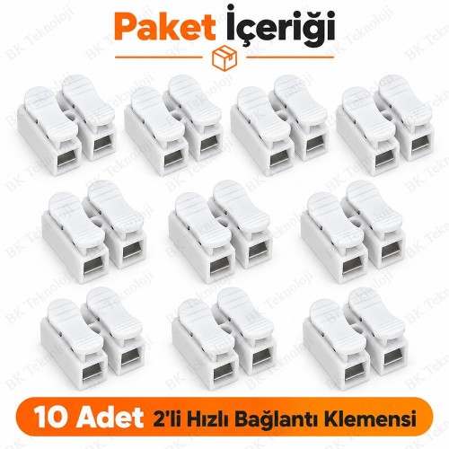 10 Adet 2'li Basmalı Hızlı Bağlantı Klemensi 0.5-2.5mm² Beyaz