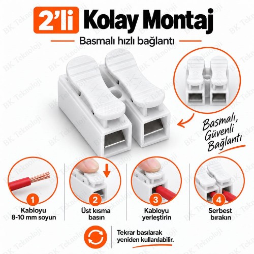 10 Adet 2'li Basmalı Hızlı Bağlantı Klemensi 0.5-2.5mm² Beyaz