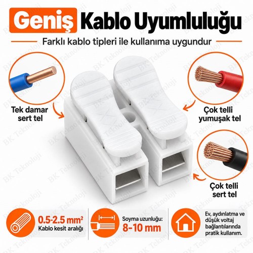 10 Adet 2'li Basmalı Hızlı Bağlantı Klemensi 0.5-2.5mm² Beyaz