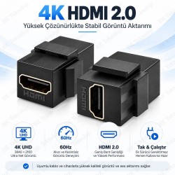 HDMI 2.0 Dişi-Dişi Keystone Adaptör 4K 60Hz 180° Siyah