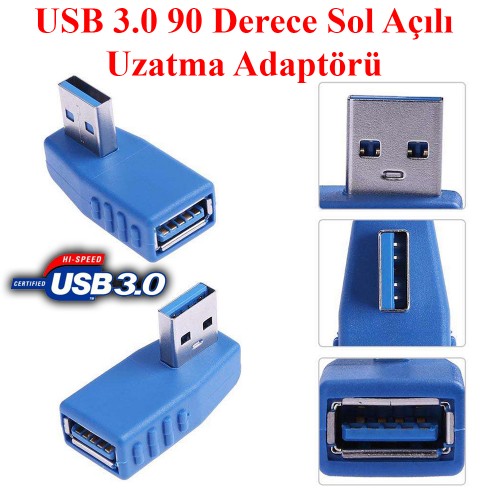 USB 3.0 Sol Açılı Konnektör Tip-A Erkek Dişi 90 Derece Uzatma Adaptörü